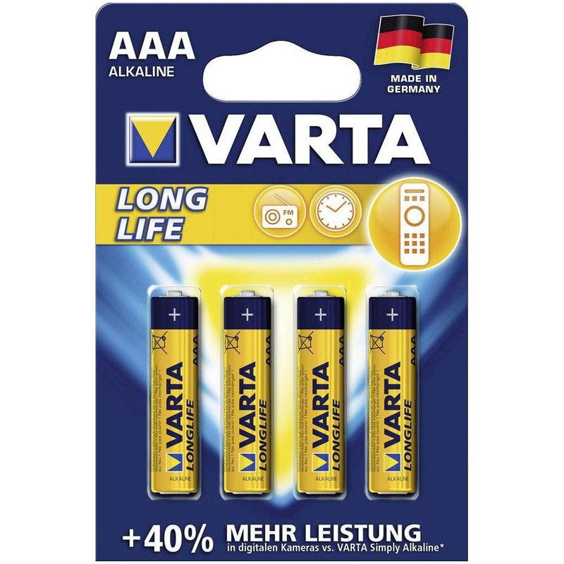 باتری نیم قلمی وارتا مدل LongLife Alkaline LR03AAA بسته 4 عددی