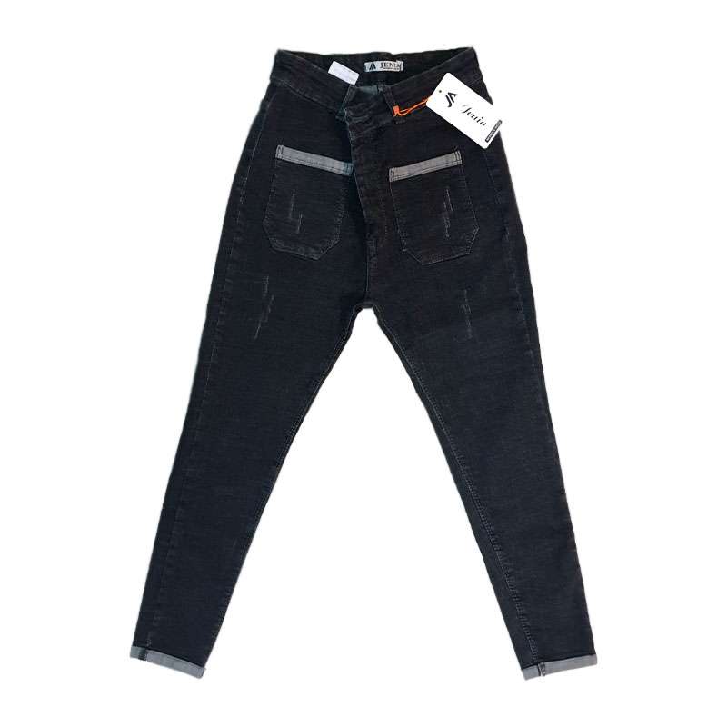 شلوار جین زنانه مدل جیب موبایلی دمپا دوبل رنگ ذغالی