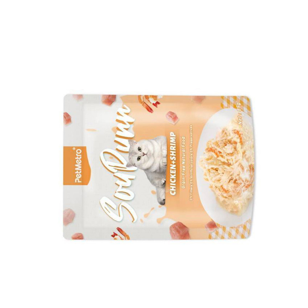 پوچ گربه بالغ پت مترو مدل سوپی طعم مرغ و میگو وزن 75 گرم