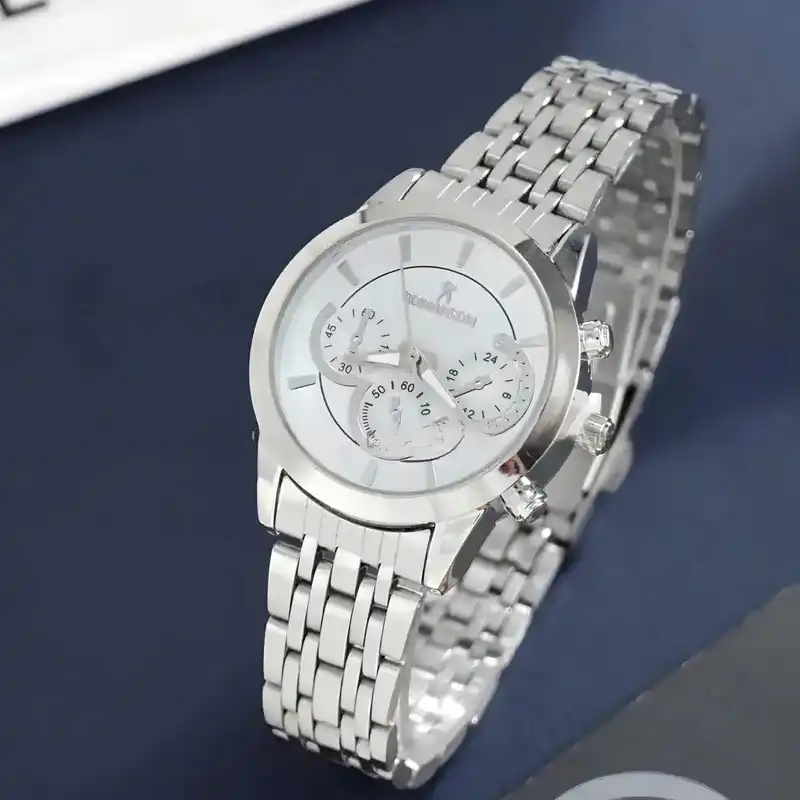 ست ساعت مچی عقربه ای زنانه و مردانه مدل تک موتوره صفحه طرحدار بند فلزی کد 3