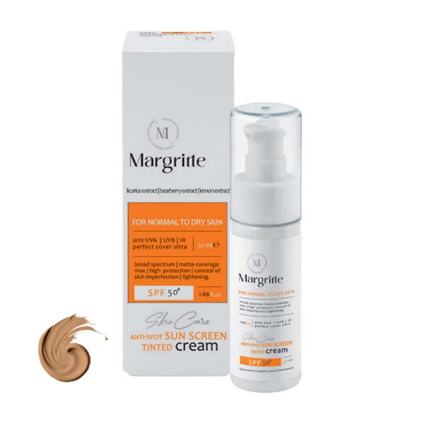 کرم ضد آفتاب رنگی مارگریت SPF 50 مدل01 محافظ UVA ،UVB، روشن کننده مناسب پوست های نرمال تا خشک حجم 50میلی لیتر