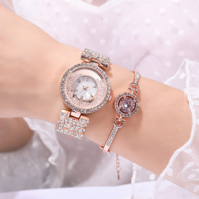 ساعت مچی عقربه ای زنانه مدل دور شنی بند نگینی فول استون 3