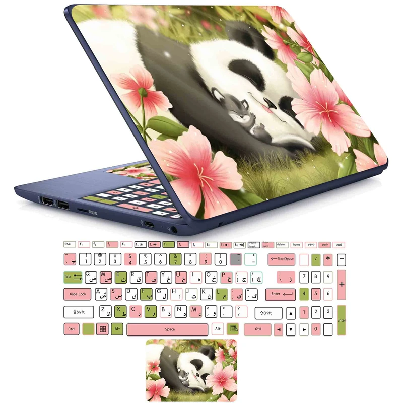 استیکر لپ تاپ مدل cute panda 01 مناسب برای لپ تاپ 15 تا 17 اینچ به همراه برچسب حروف فارسی کیبورد