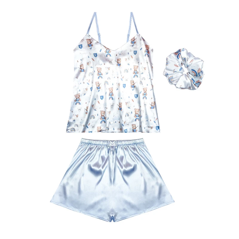 لباس خواب زنانه مدل ساتن طرح خرسی کد 66605 به همراه کش مو