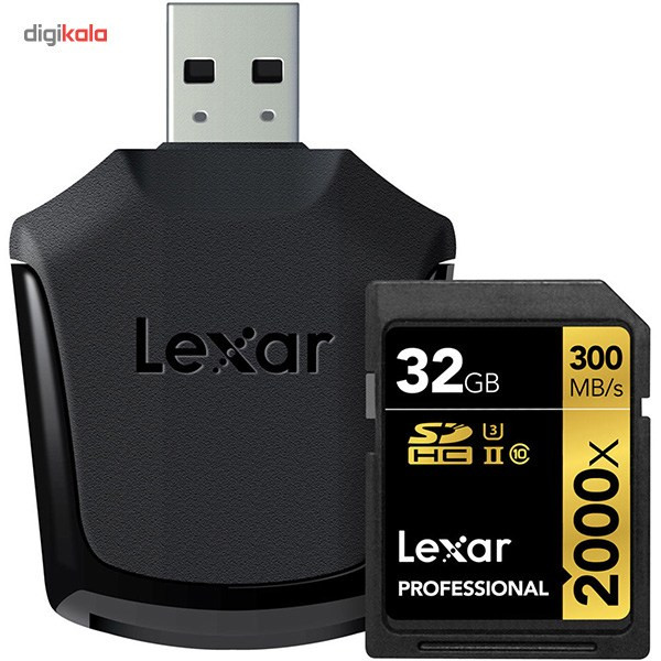 کارت حافظه SDHC لکسار مدل Professional کلاس 10 استاندارد UHS-II U3 سرعت 2000X به همراه ریدر UHS-II ظرفیت 32 گیگابایت