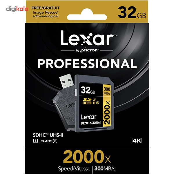 کارت حافظه SDHC لکسار مدل Professional کلاس 10 استاندارد UHS-II U3 سرعت 2000X به همراه ریدر UHS-II ظرفیت 32 گیگابایت