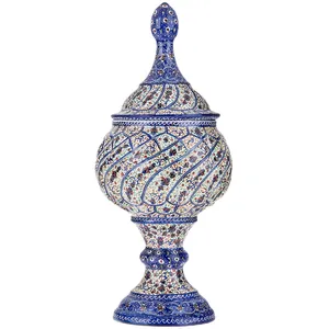 قندان مسی میناکاری شده اثر اسماعیلی مدل پایه دار طرح مارپیچ سایز کوچک