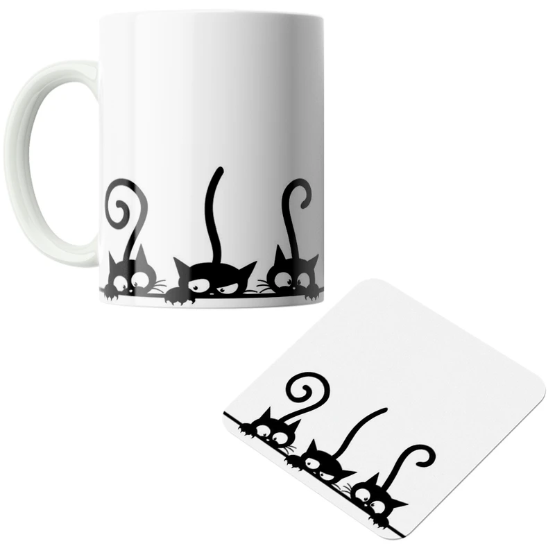 ماگ پاد آفرین مدل گربه ها کد DKC604 به همراه زیر لیوانی