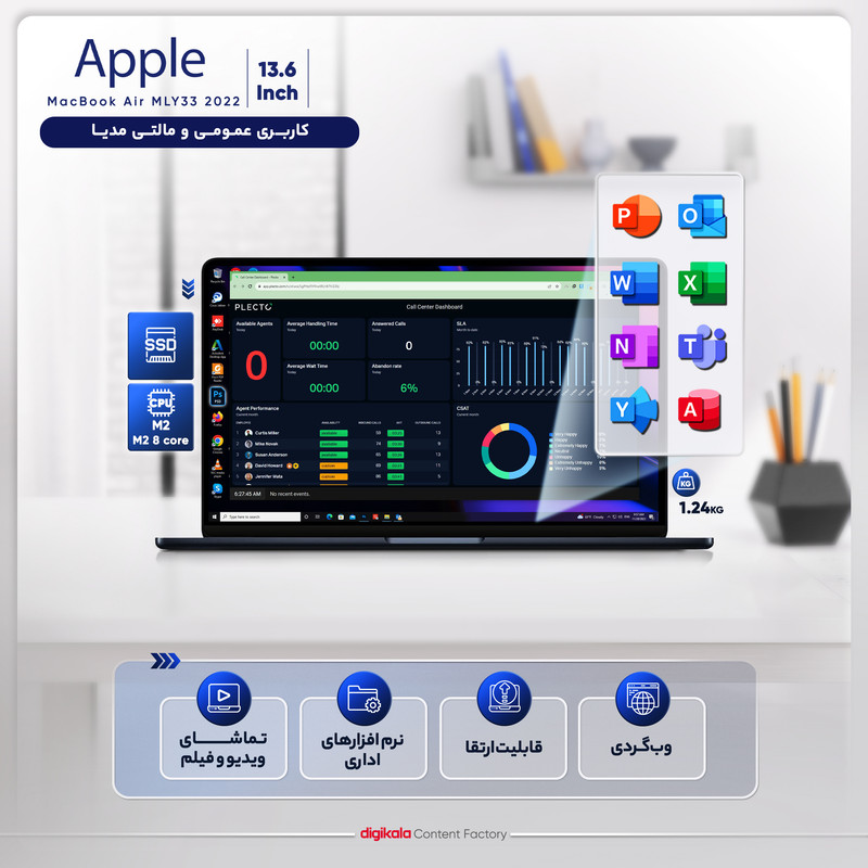 لپ تاپ 13.6 اینچی اپل مدل MacBook Air MC7V4 2022 LLA-M2-16GB RAM-256GB SSD