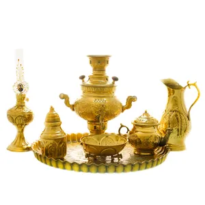 سرویس سماور ذغالی 7 پارچه برنجی مدل عدسی ترک دار کد 4578