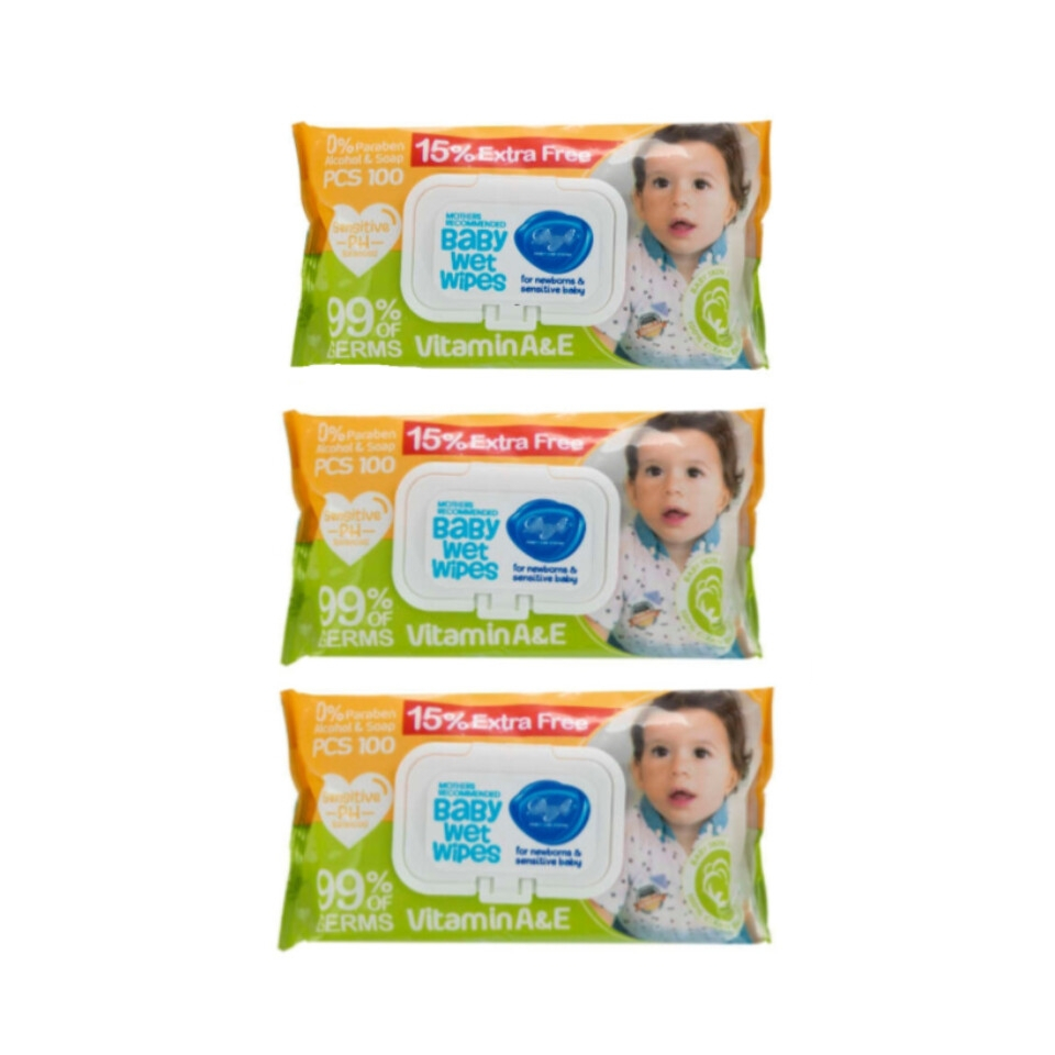 دستمال مرطوب کودک مدل Byby wit wipes مجموعه 3 عددی بسته 100 عددی