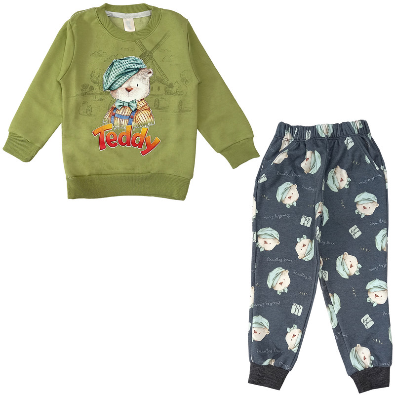 ست سویشرت و شلوار پسرانه مدل خرس کلاه دار کد 3626 رنگ سبز