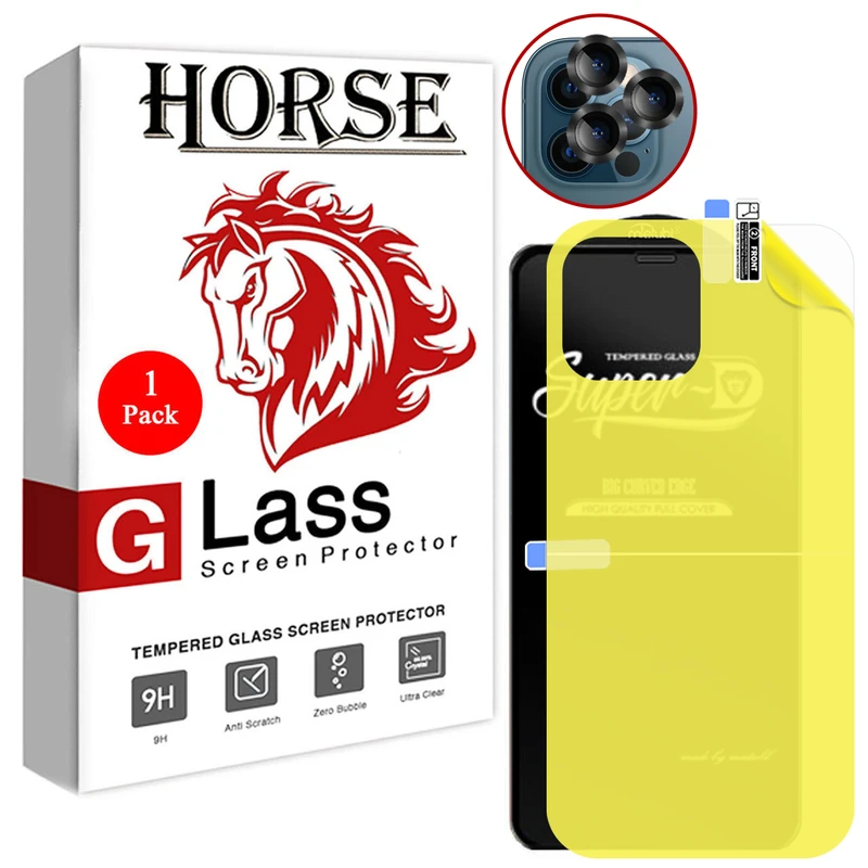  محافظ صفحه نمایش هورس مدل 2SNR مناسب برای گوشی موبایل اپل iPhone 12 Pro Max به همراه محافظ پشت گوشی و محافظ لنز دوربین