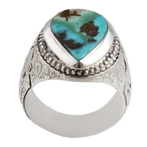 انگشتر نقره مردانه بازرگانی میلادی مدل سنگ فیروزه طبیعی نیشابور رکاب دست ساز کد AM_1765