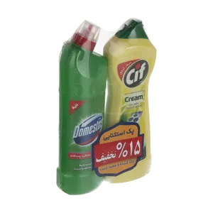 مایع کرمی پاک کننده چندمنظوره سیف مدل Lemon حجم 750 میلی لیتر و مایع سفیدکننده غلیظ دامستوس مدل Mountain Breeze حجم 750 میلی لیتر