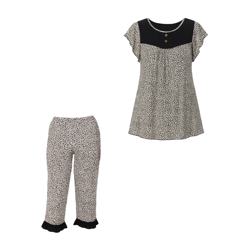 ست تی شرت آستین کوتاه و شلوارک راحتی زنانه مدل نخی پلنگی