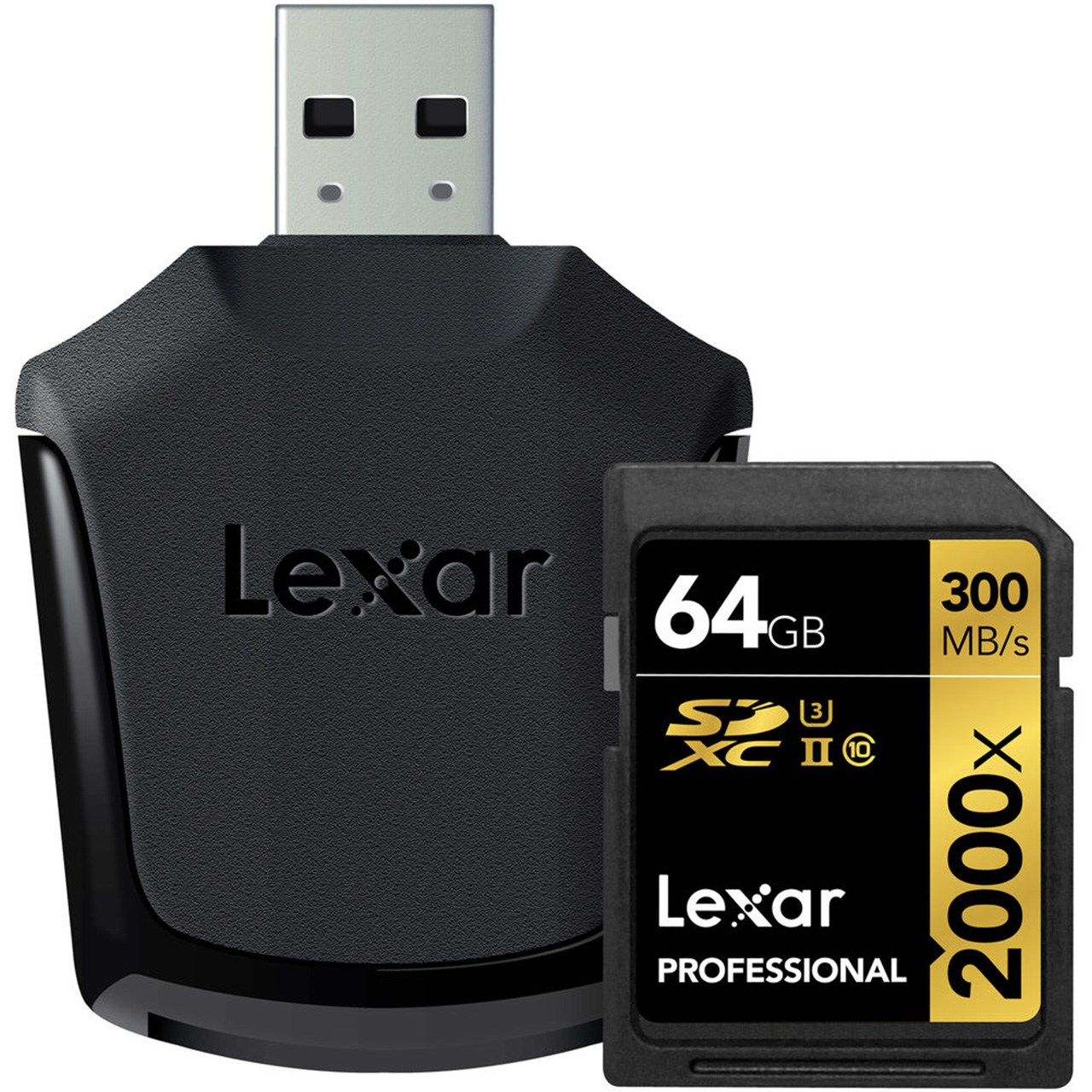 کارت حافظه SDXC لکسار مدل Professional کلاس 10 استاندارد UHS-II U3 سرعت 2000X به همراه ریدر UHS-II ظرفیت 64 گیگابایت