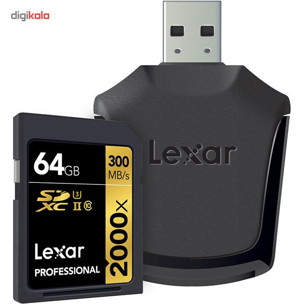 کارت حافظه SDXC لکسار مدل Professional کلاس 10 استاندارد UHS-II U3 سرعت 2000X به همراه ریدر UHS-II ظرفیت 64 گیگابایت