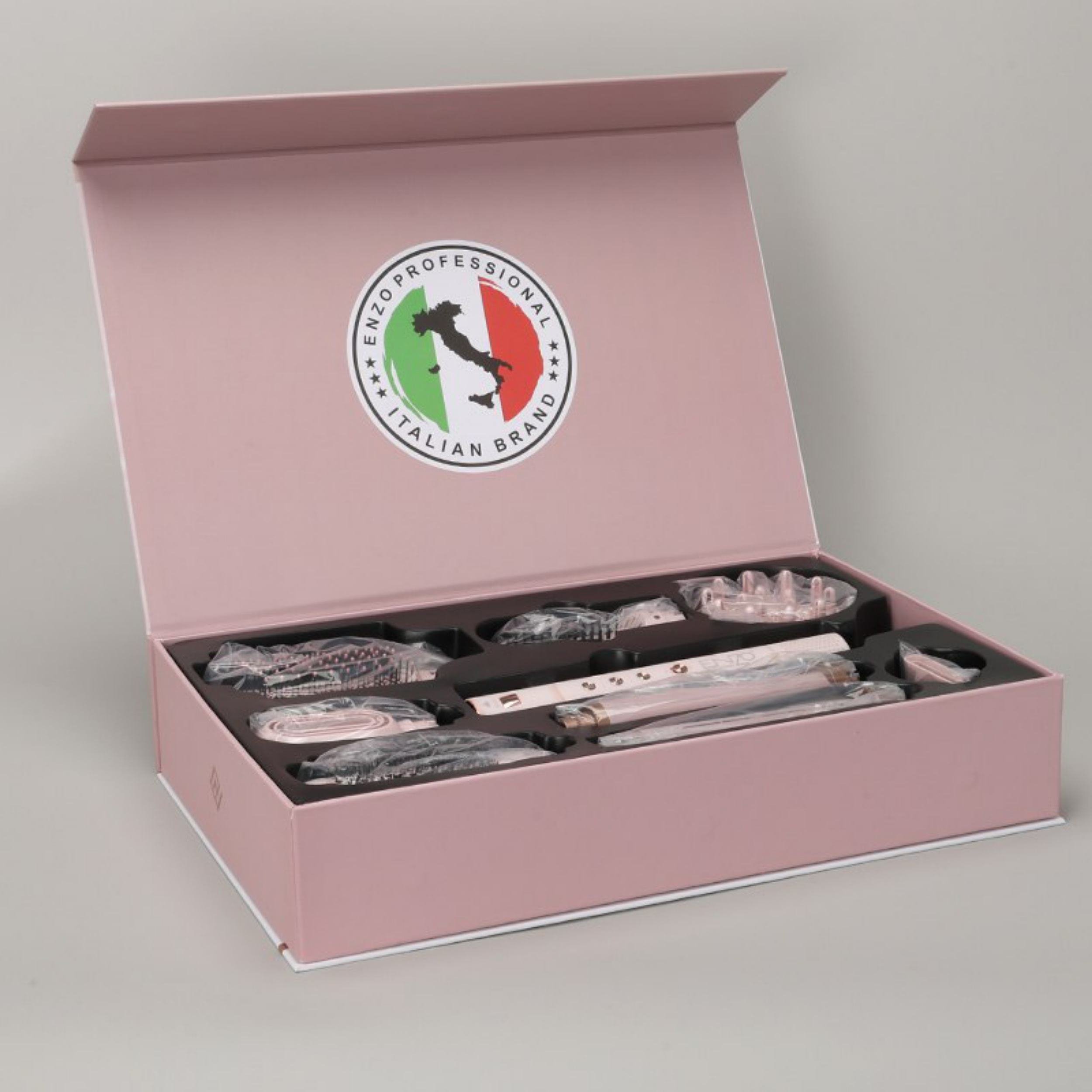 سشوار حرفه‌ای برس‌دار حالت‌دهنده انزو پروفیشینال مدل EN-755p 9in1 با توان 1500 وات، فناوری یونی، تنظیمات دما و سرعت قابل تنظیم، 7 سری قابل تعویض، کاهش وز مو، مناسب انواع مو، طراحی ارگونومیک