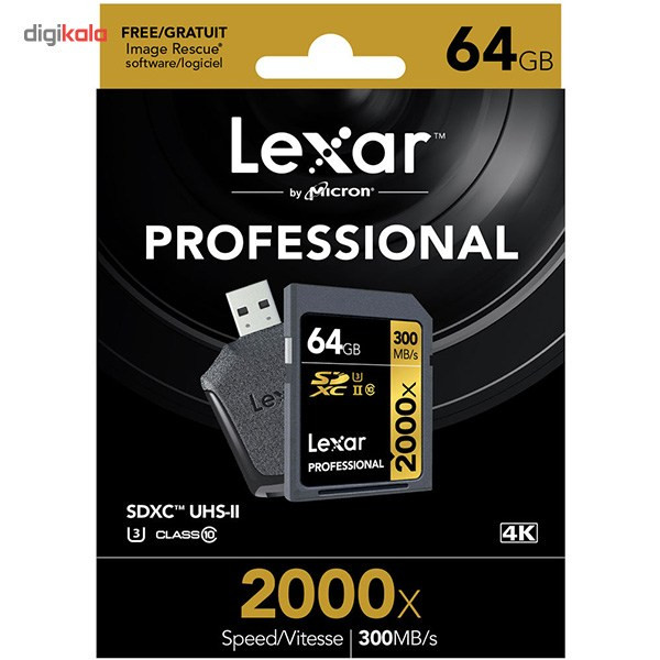 کارت حافظه SDXC لکسار مدل Professional کلاس 10 استاندارد UHS-II U3 سرعت 2000X به همراه ریدر UHS-II ظرفیت 64 گیگابایت
