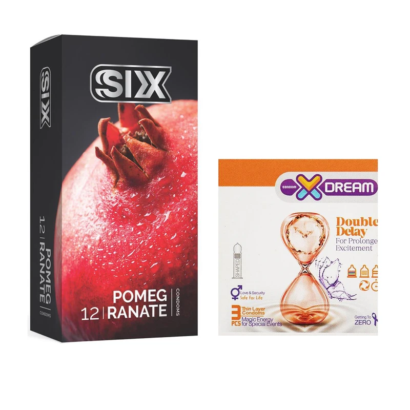 کاندوم سیکس مدل Pomegranate بسته 12 عددی به همراه کاندوم ایکس دریم مدل Double Delay بسته 3 عددی