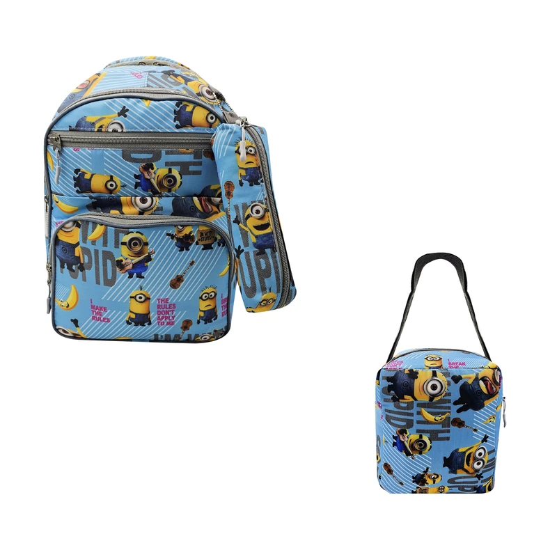 کوله پشتی سیی مدل مینیون کد 2137.4 به همراه جامدادی و کیف غذا مجموعه 3 عددی