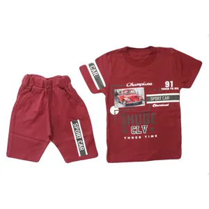 ست تی شرت و شلوارک پسرانه مدل فولکس رنگ زرشکی