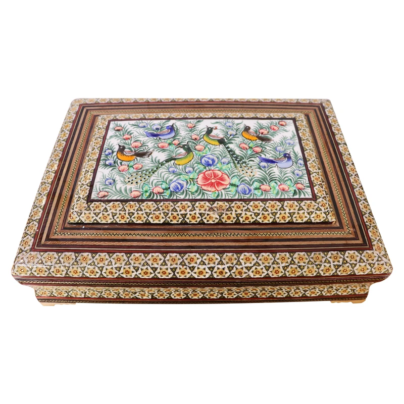 جعبه قرآن کریم خاتم کاری مدل نقاشی برجسته طرح گل و مرغ کد 3525gr