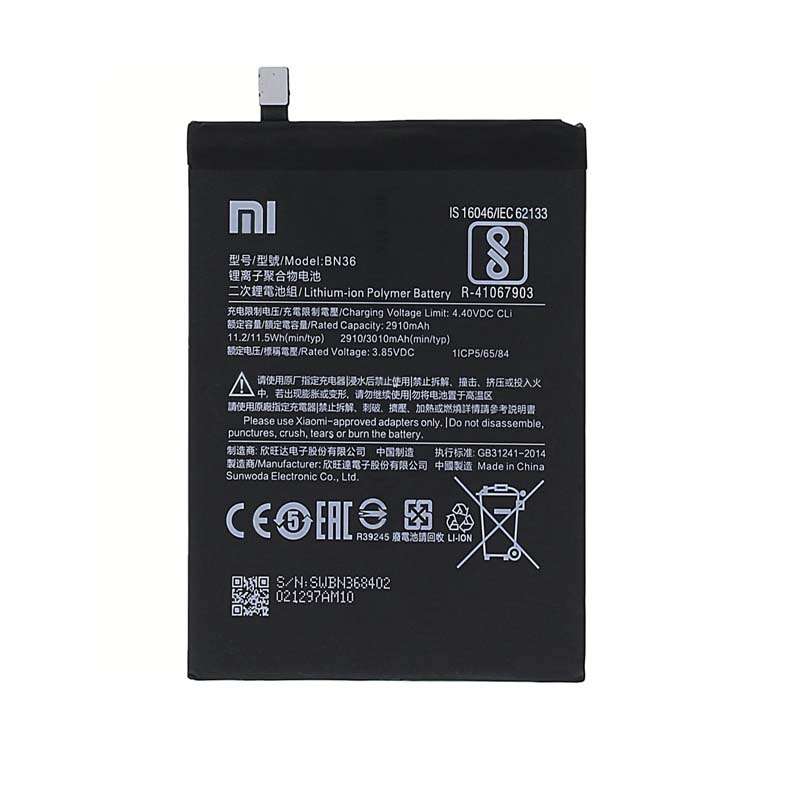 باتری موبایل مدل BN36 ظرفیت 2910 میلی آمپر ساعت مناسب برای گوشی موبایل شیائومی Mi 6X / A2 |