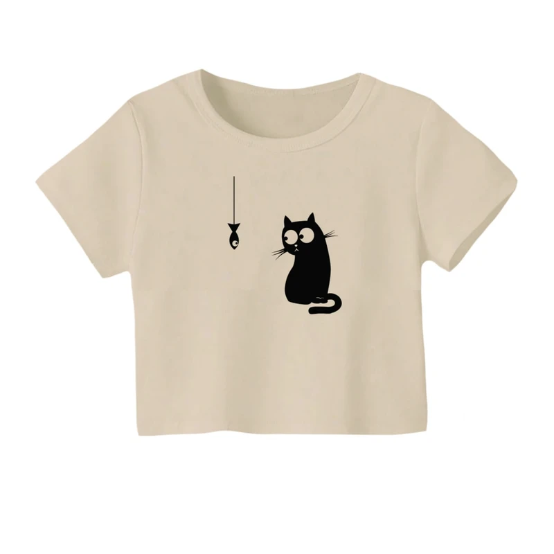 کراپ‌ تی‌شرت آستین کوتاه زنانه مدل گربه و ماهی