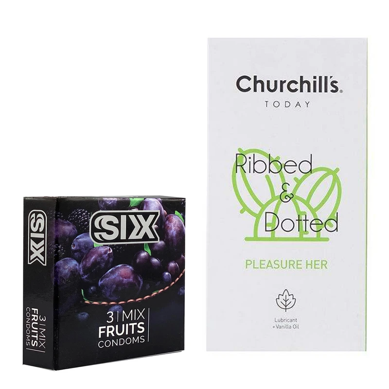کاندوم چرچیلز مدل Pleasure Her بسته 12 عددی به همراه کاندوم سیکس مدل میوه ای بسته 3 عددی 
