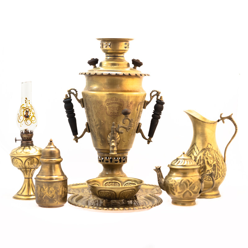 سرویس سماور ذغالی 7 پارچه برنجی مدل سوزنی کد S_4190