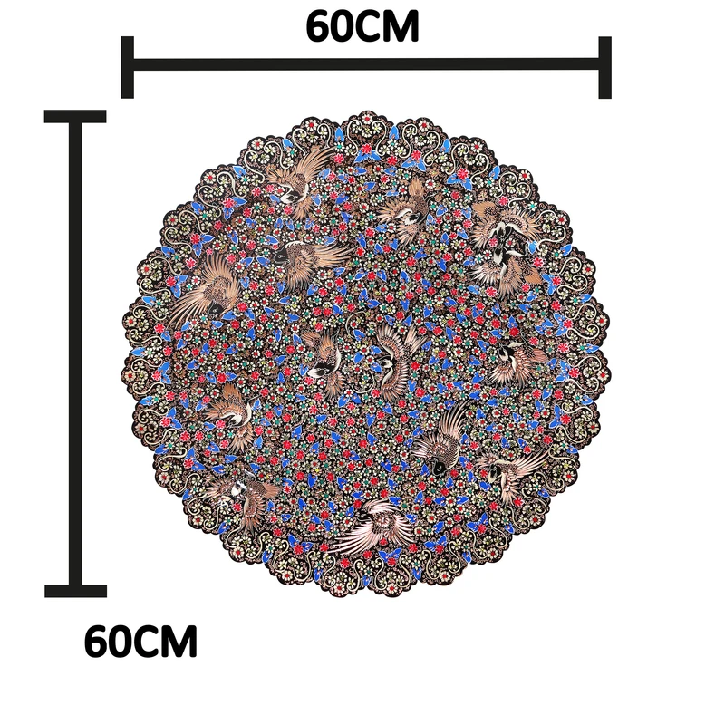 عکس شماره 2 : سینی مسی صنایع دستی فاخر مدل الماس تراش نقره کوب و پرداز طرح ۱۴ پرنده کد hq60
