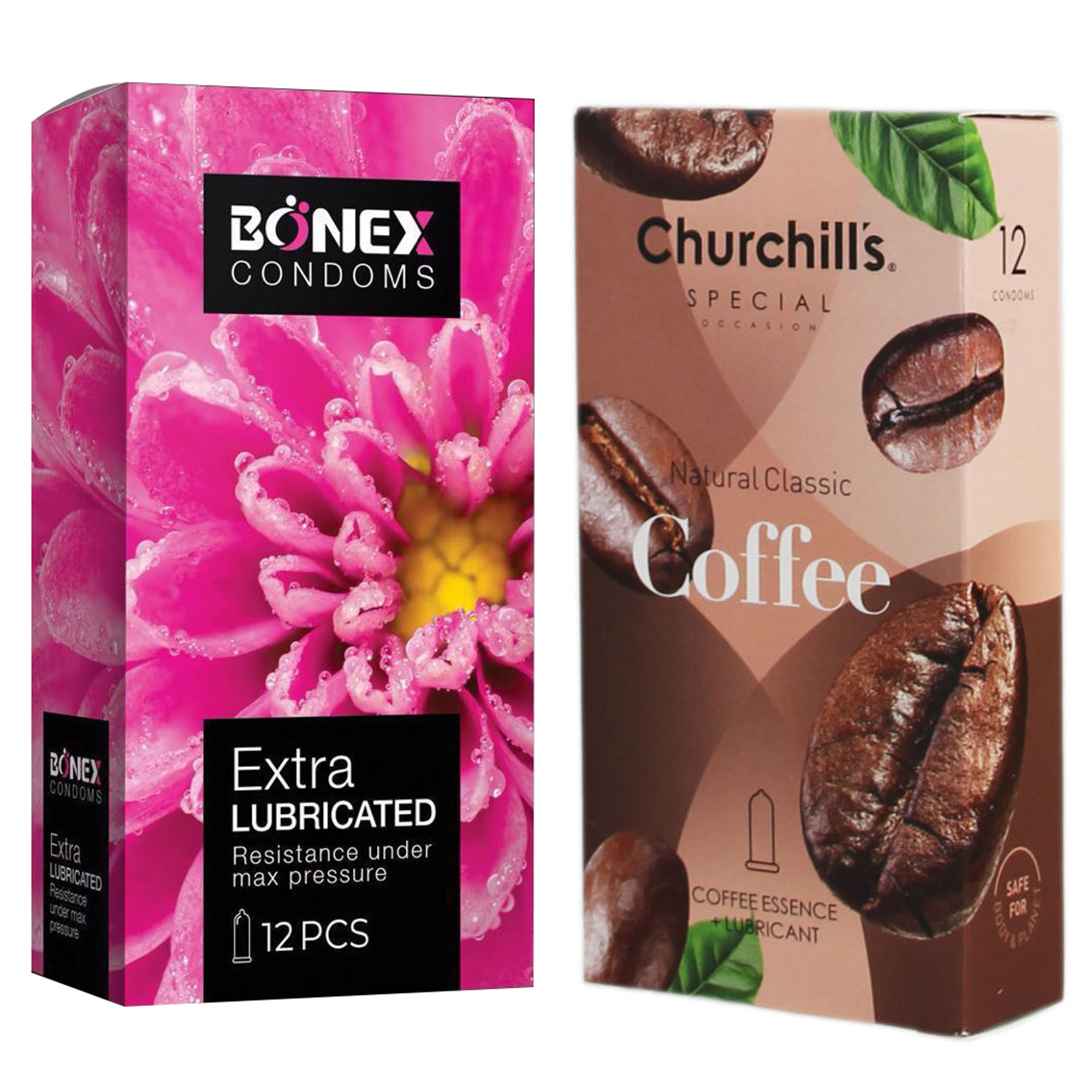 کاندوم چرچیلز مدل Coffee بسته 12 عددی به همراه کاندوم بونکس مدل Extra Lubricated بسته 12 عددی 