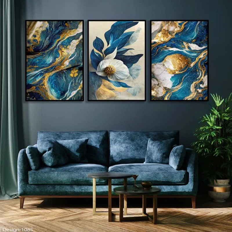 تابلو مدل گل طرح گل و خطوط کد 378 فریم مشکی بسته سه عددی