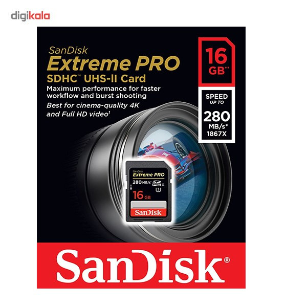 کارت حافظه SDHC سن دیسک مدل Extreme Pro کلاس 10 استاندارد UHS-II U3 سرعت 1867X 280MBps ظرفیت 16 گیگابایت