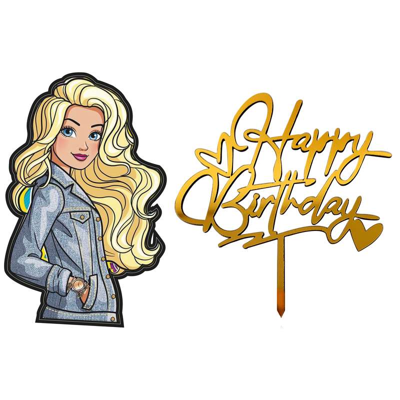  تاپر  تزیین کیک مدل باربی مو طلایی مجموعه 2 عددی