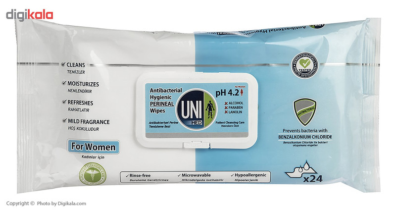 دستمال مرطوب بانوان یونی مد مدل Antibacterial Hygienic Perineal بسته 24 عددی دستمال مرطوب بانوان یونی مد مدل Antibacterial Hygienic Perineal بسته 24 عددی