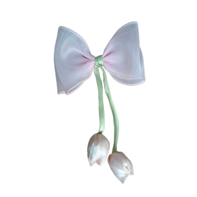 گیره مو دخترانه مدل پاپیون حریر با آویز گل