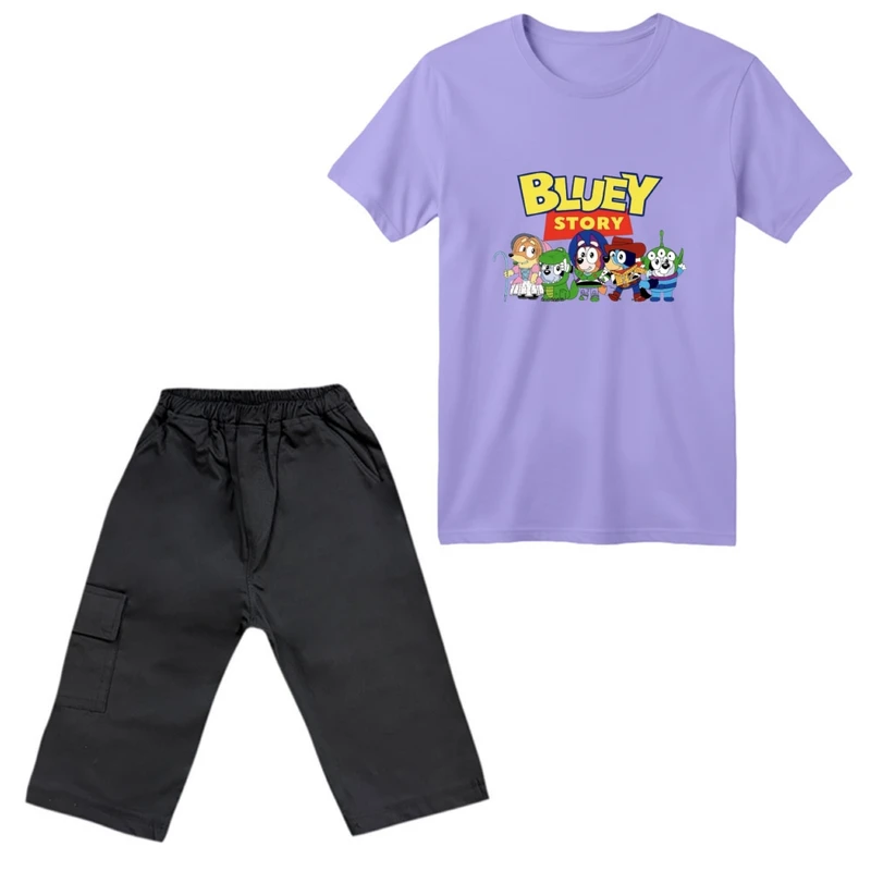 ست تی‌شرت آستین کوتاه و شلوارک پسرانه مدل داستان بلویی