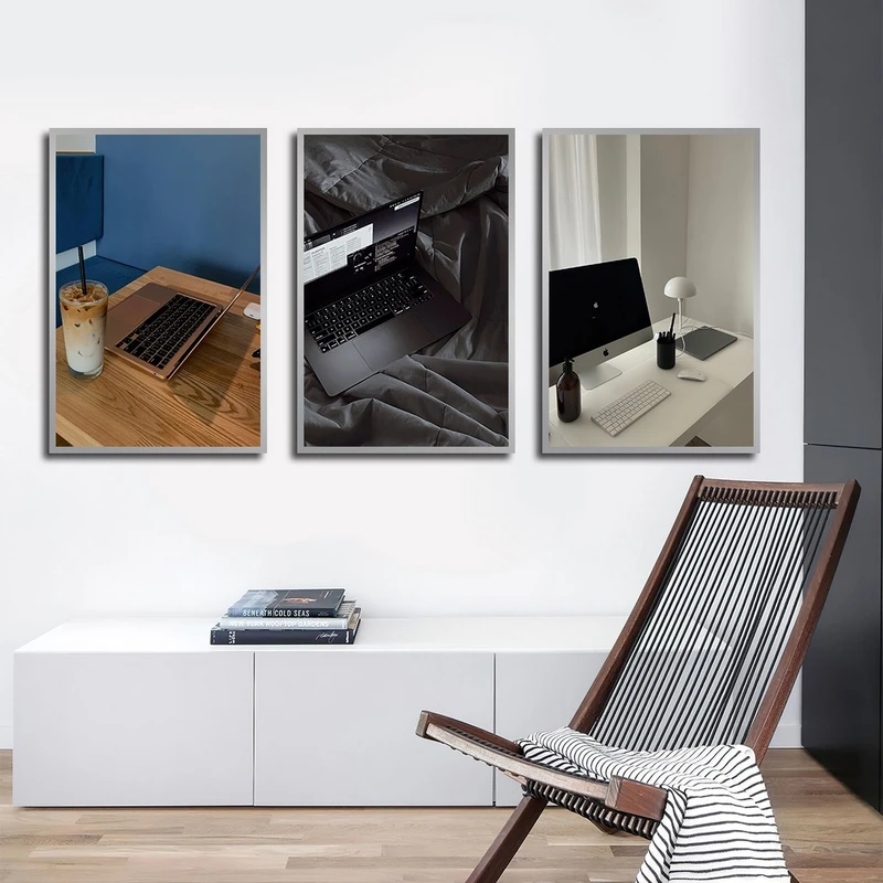 تابلو بکلیت طرح دفترکار و لپ تاپ مدل شاین اکلیلی SI-2974 فریم نقره ای مجموعه 3 عددی