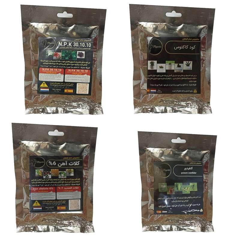 کود سبزینگی و تقویت ساقه 10-10-30 و کود کاکتوس و کلات آهن و کنفیدور مدل raw material وزن 200 گرم
