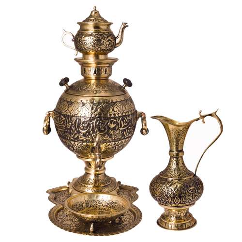 سرویس سماور ذغالی 5 پارچه برنجی مدل قلم کاری کار دست آیه ولایت علی ابیطالب 