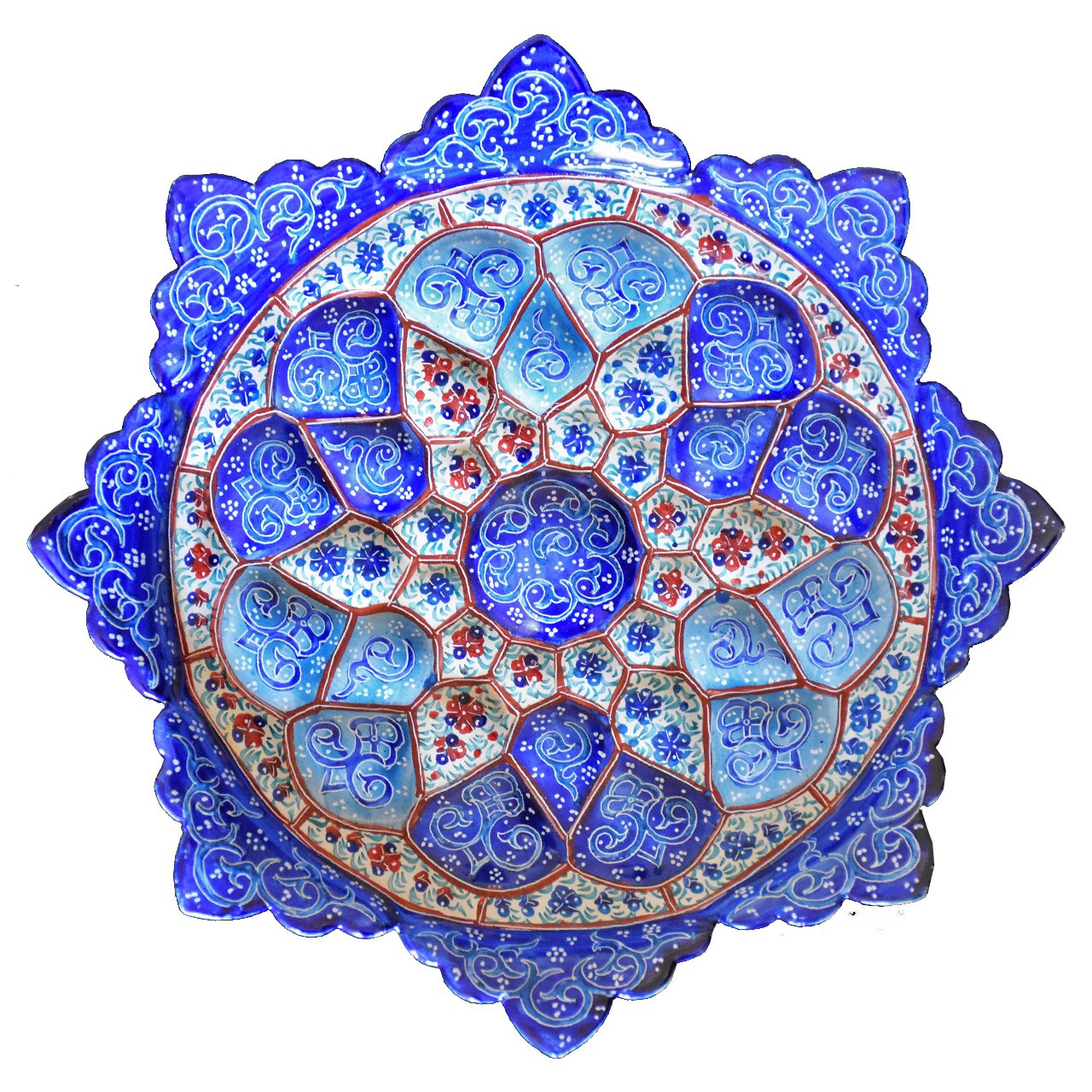 بشقاب مسی میناکاری شده سی دا طرح اسلیمی خطائی کد MI01070 قطر 16 سانتی متر