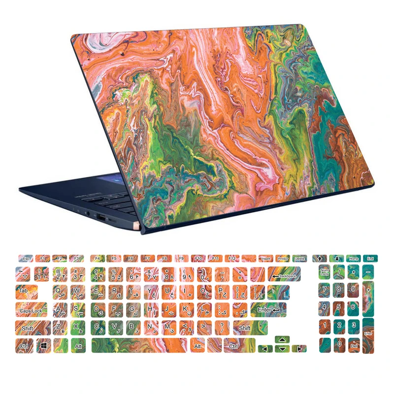 استیکر لپ تاپ توییجین و موییجین طرح Colorful کد 57 مناسب برای لپ تاپ 15.6 اینچ به همراه برچسب حروف فارسی کیبورد