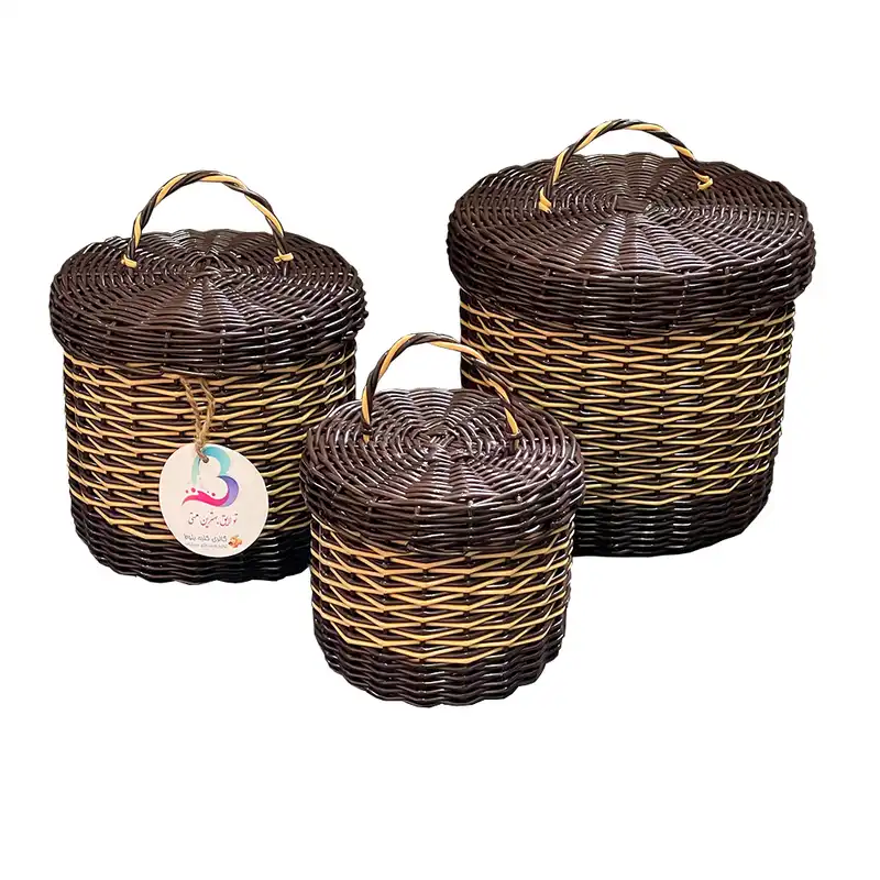 سبد حصیر بافی کلبه بلوط مدل نارگون مجموعه 3 عددی