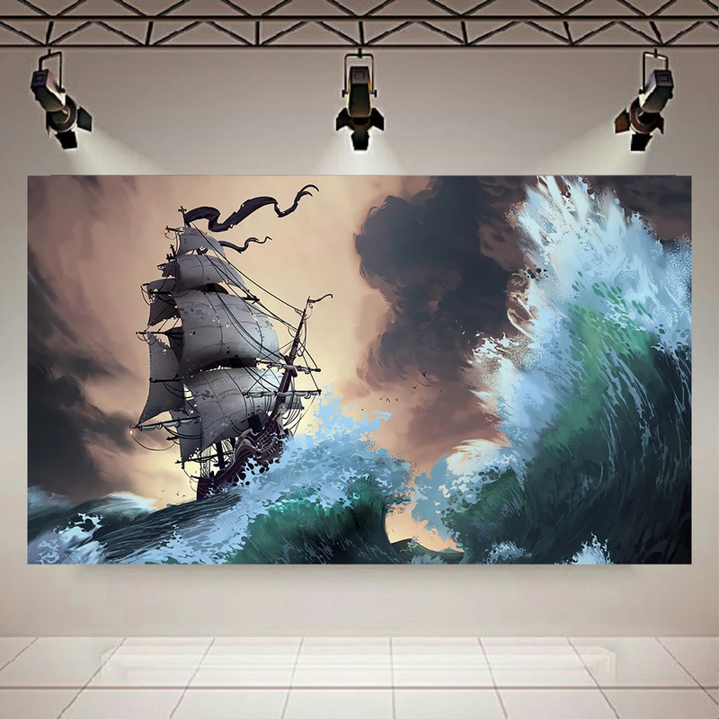 تابلو بوم طرح کشتی و دریای طوفانی کد AR30866