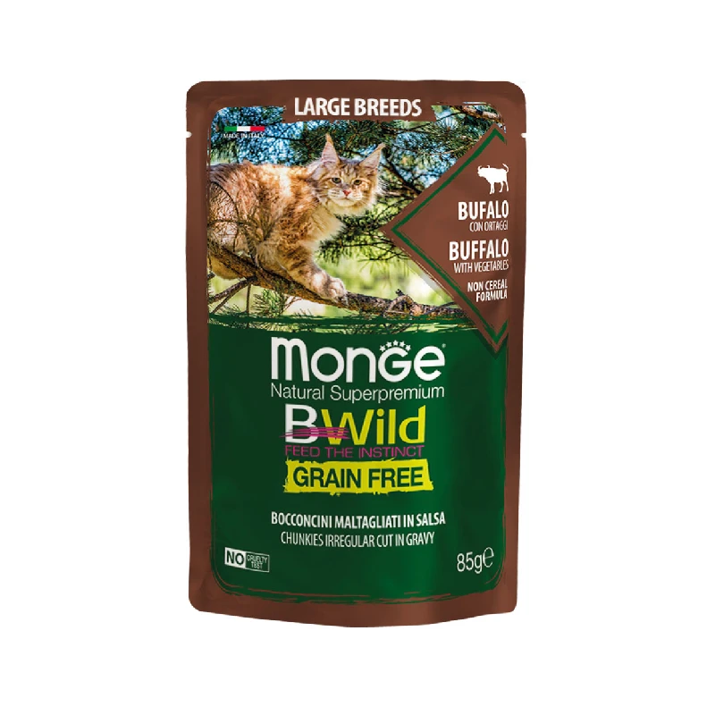 پوچ گربه بالغ مونژه مدل BWILD Buffalo with Vegetables طعم گوشت بوفالو وسبزیجات وزن 85 گرم