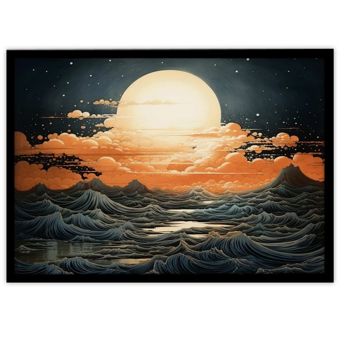 تابلو نوری بکلیت طرح نقاشی غروب و موج دریا مدل B-MID-20227