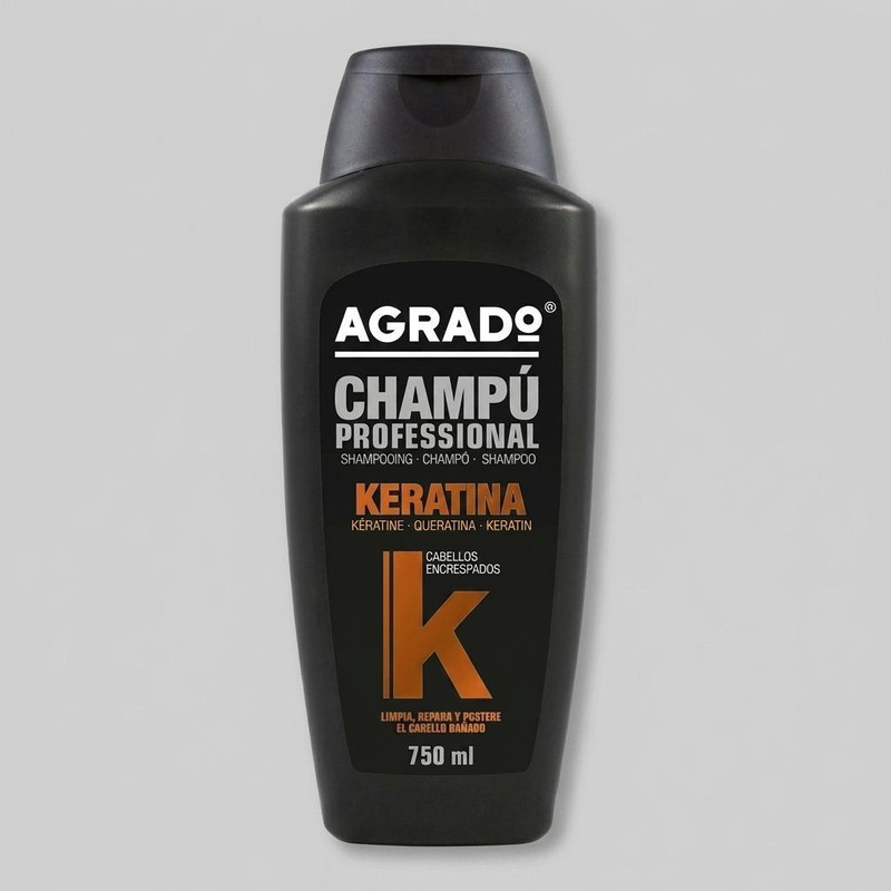 شامپو کراتینه مو آگرادو مدل KERATIN حجم 750 میلی‌لیتر، نرم‌کننده، تقویت‌کننده، ترمیم‌کننده، صاف‌کننده، درخشان‌کننده، تثبیت‌کننده رنگ مو، مناسب انواع مو، حاوی ویتامین E، ضد وز و موخوره